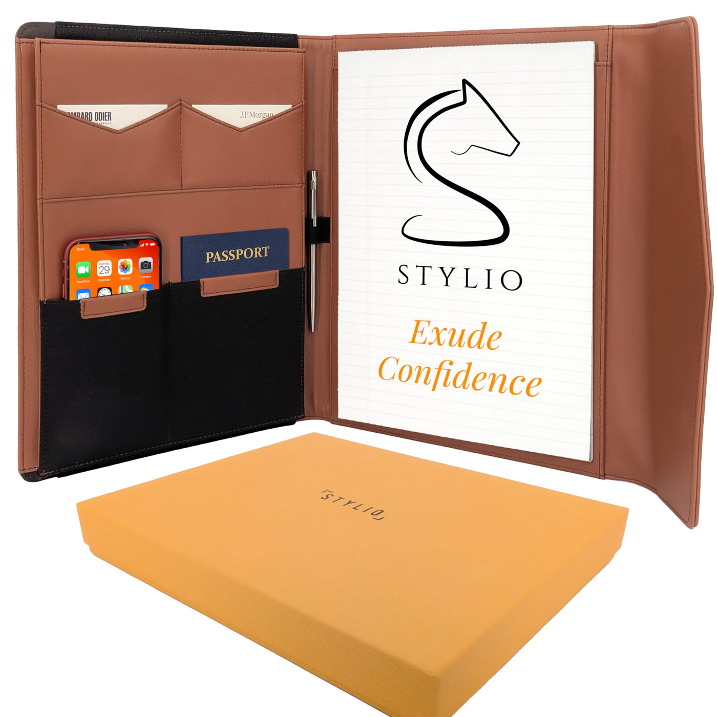 STYLIO Padfolio Portfolio Organizer Binder | Interview Resume Folder, Legal Document, Business Card Holder |w/Letter-Sized Notepad | Handsome Piano Noir Faux Leather Folio Matte Finish, Accent Stitch