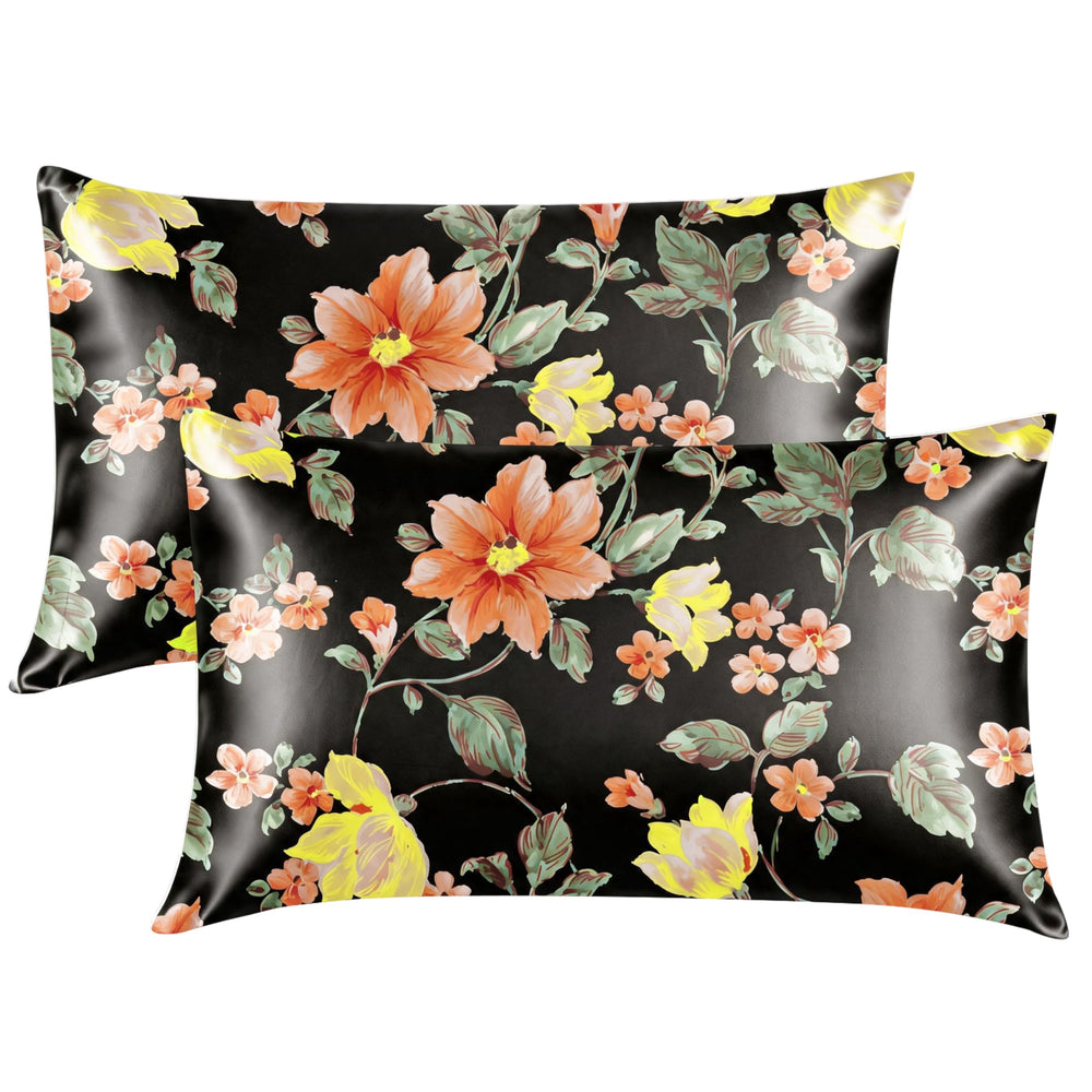 EXQ Home Silky Satin Pillowcase for Hair and Skin,Printed Pillow Cases Standard Size Set of 2 Satin Pillow Case 2 Pack with Envelope Closure(Ink Leaf, 20x26)