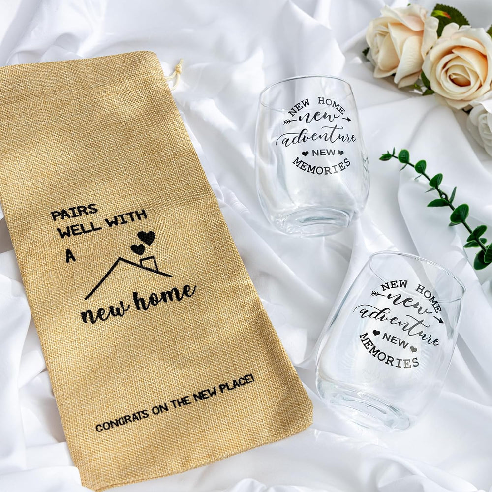 House Warming Gifts New Home, Housewarming Baskets Stemless Wine Glass & Bottle Bag Set for Newlywed Couple, Women, Friends, New Homeowner, Unique Closing Gift for Home Buyers, Clients