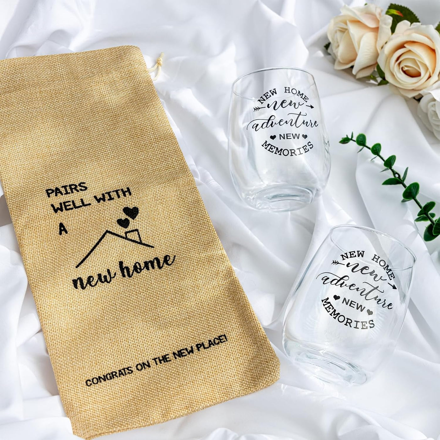 House Warming Gifts New Home, Housewarming Baskets Stemless Wine Glass & Bottle Bag Set for Newlywed Couple, Women, Friends, New Homeowner, Unique Closing Gift for Home Buyers, Clients
