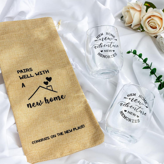 House Warming Gifts New Home, Housewarming Baskets Stemless Wine Glass & Bottle Bag Set for Newlywed Couple, Women, Friends, New Homeowner, Unique Closing Gift for Home Buyers, Clients - hover image