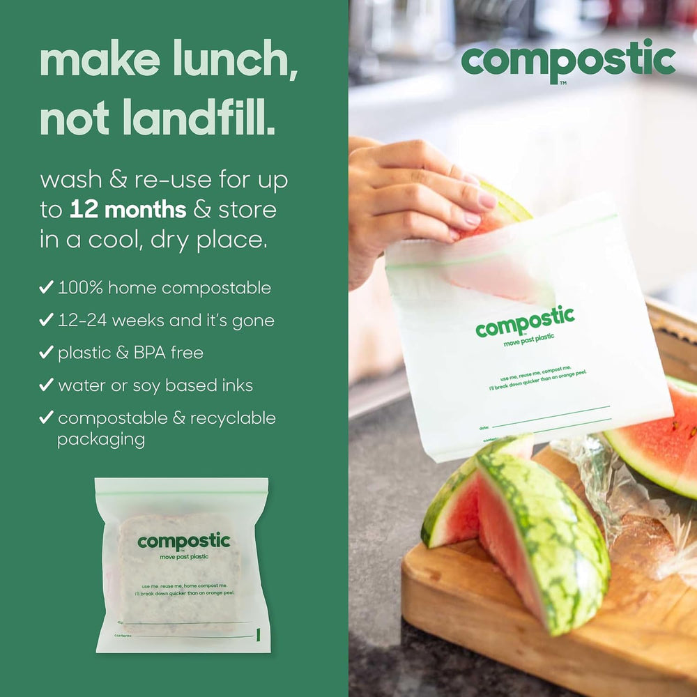 Compostic Compostable Sandwich Bags, Snack Bags, Quart & Gallon Food Storage Bags Variety Pack (145 Count) — Resealable Zip-Seal, Plant-Based, Freezer & Microwave Safe, Non-Toxic, BPA-Free, GMO-Free