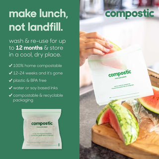 Compostic Compostable Sandwich Bags, Snack Bags, Quart & Gallon Food Storage Bags Variety Pack (145 Count) — Resealable Zip-Seal, Plant-Based, Freezer & Microwave Safe, Non-Toxic, BPA-Free, GMO-Free