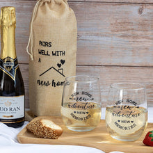 House Warming Gifts New Home, Housewarming Baskets Stemless Wine Glass & Bottle Bag Set for Newlywed Couple, Women, Friends, New Homeowner, Unique Closing Gift for Home Buyers, Clients