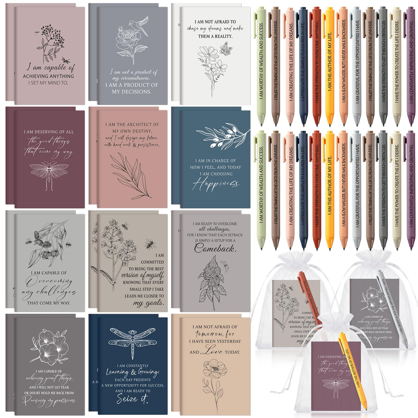 Mooliwe 24 Pcs Positive Affirmation Gift Set Gratitude Notebooks with Pens Small Bags Motivational Encouragement Notepads Daily Affirmations Journal for Women Stress Relief Self Care (Watercolor)