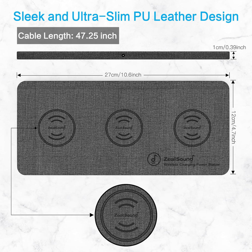 ZealSound Wireless Charging Pad, 3 in 1 Charger Mat for iPhone, Samsung Galaxy, Pixel, AirPods & Galaxy Buds, 24W Adapter Included, Ultra Slim, Case Friendly, PU Leather, Home Office & Travel, Gray