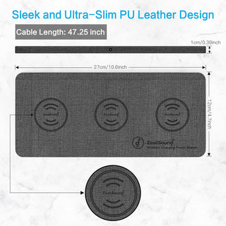 ZealSound Wireless Charging Pad, 3 in 1 Charger Mat for iPhone, Samsung Galaxy, Pixel, AirPods & Galaxy Buds, 24W Adapter Included, Ultra Slim, Case Friendly, PU Leather, Home Office & Travel, Gray