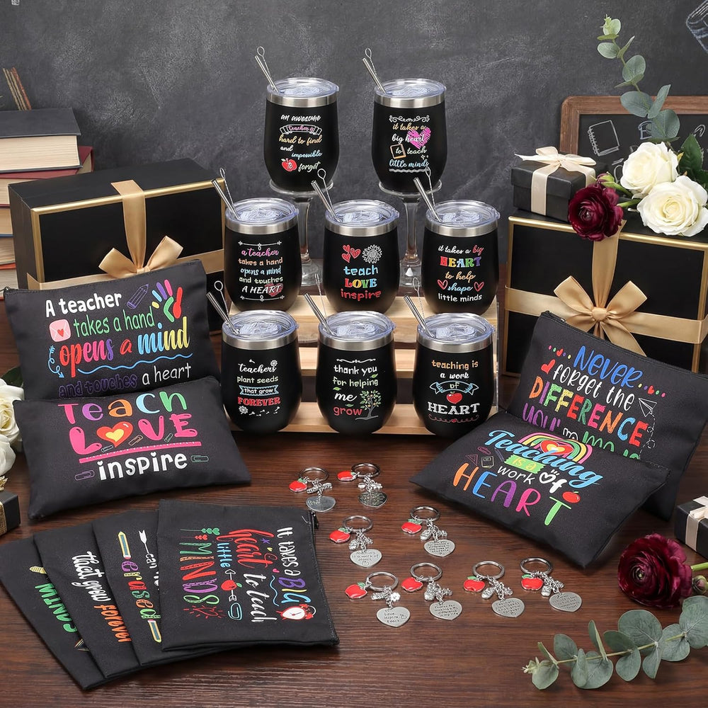 Umigy 24 Pcs Teacher Appreciation Gift Bulk 12 oz End Year of Teacher Black Wine Tumblers Graduation Thank You Gift 8 Rainbow Makeup Bag 8 Apple Shaped Keychain 8 Mug Cups for Women School (Bright)