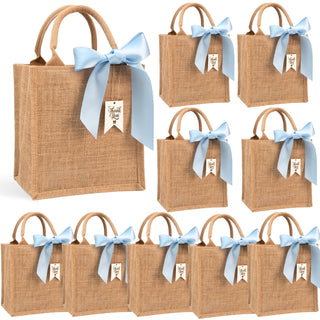 JollyFayre Small Burlap Gift Bags 10 Pack for Wedding Welcome, Bachelorette, Beach, Bridesmaid - Reusable Bulk Jute Bags with Cream Ribbons
