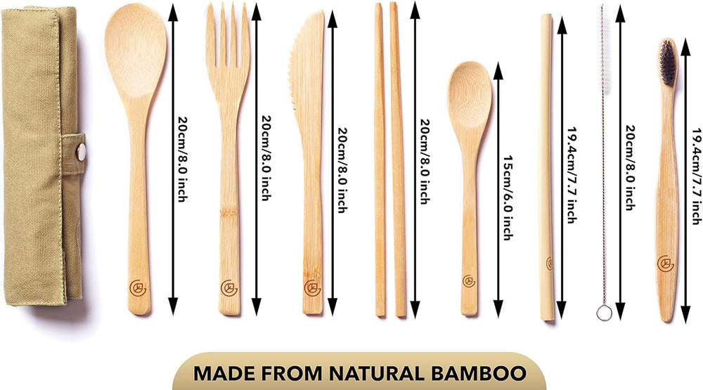 Greenzla Double Pack Bamboo Utensils Set with Bonus Toothbrush Pair, Straw, Spoon, Fork, Knife, Teaspoon, Chopsticks, Brush & Duo Storage Bags - Reusable Bamboo Cutlery - Wooden Utensil Set