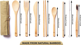 Greenzla Double Pack Bamboo Utensils Set with Bonus Toothbrush Pair, Straw, Spoon, Fork, Knife, Teaspoon, Chopsticks, Brush & Duo Storage Bags - Reusable Bamboo Cutlery - Wooden Utensil Set