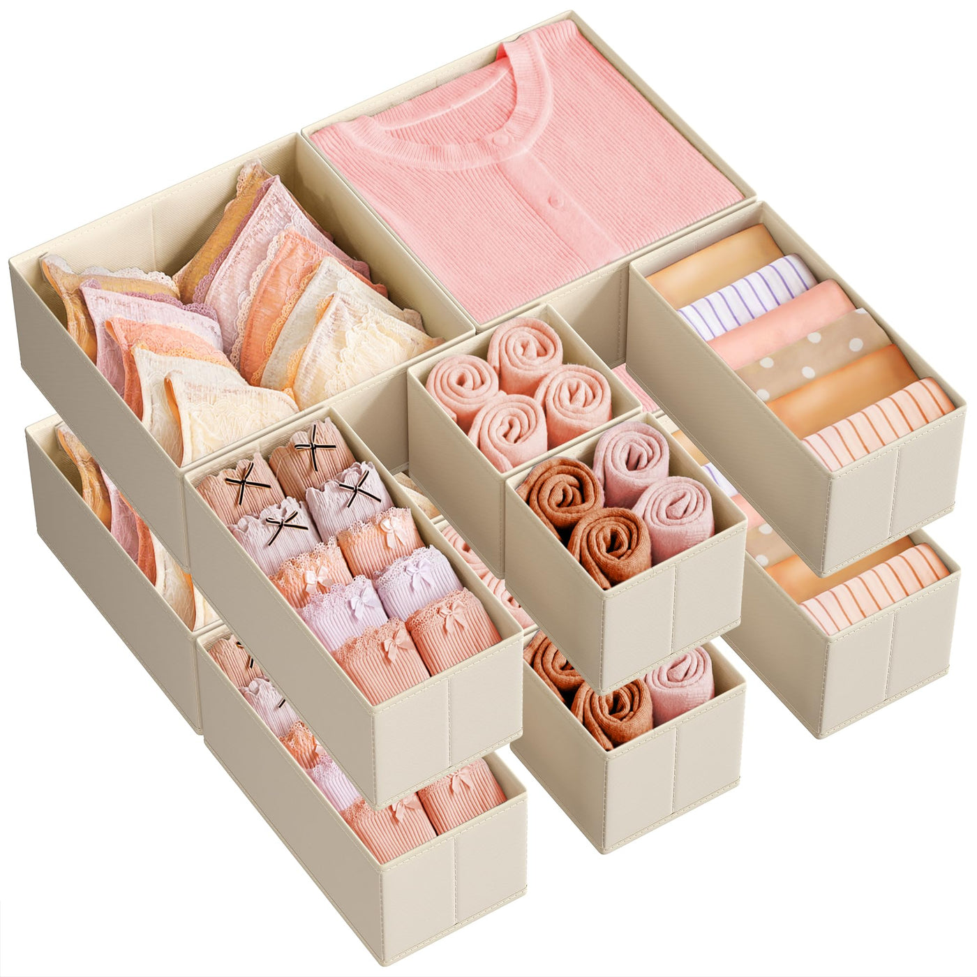 SONGMICS Drawer Organizers, Dresser Divider Organizers, Set of 12, Foldable Fabric Storage Boxes for Socks, Underwear, Bras, Ties, Scarves, Summer Sand URDZ006Y02