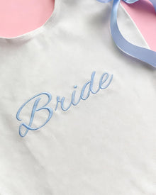 White Canvas Bride Tote Bag with Blue Satin Bows - Large Bridal Shower Gift Bag, Bachelorette Party Favor, Wedding Day Tote for Bride to Be & Bridesmaids