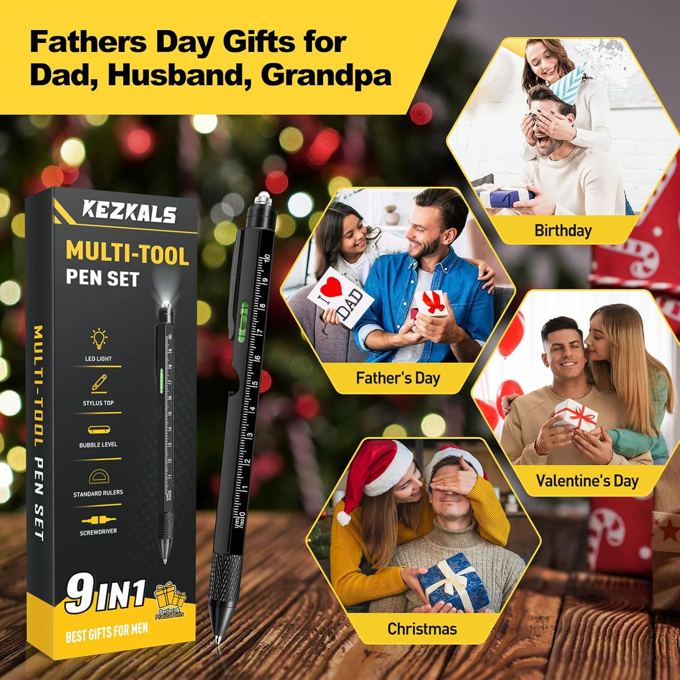 KEZKALS Fathers Day Mens Gifts for Husband Dad, 9 in 1 Multitool Pen Gifts for Men, Fathers Day Gift from Daughter Wife Son, Anniversary Birthday Gifts for Men, Dad Gifts for Grandpa Him, Gadgets Tool