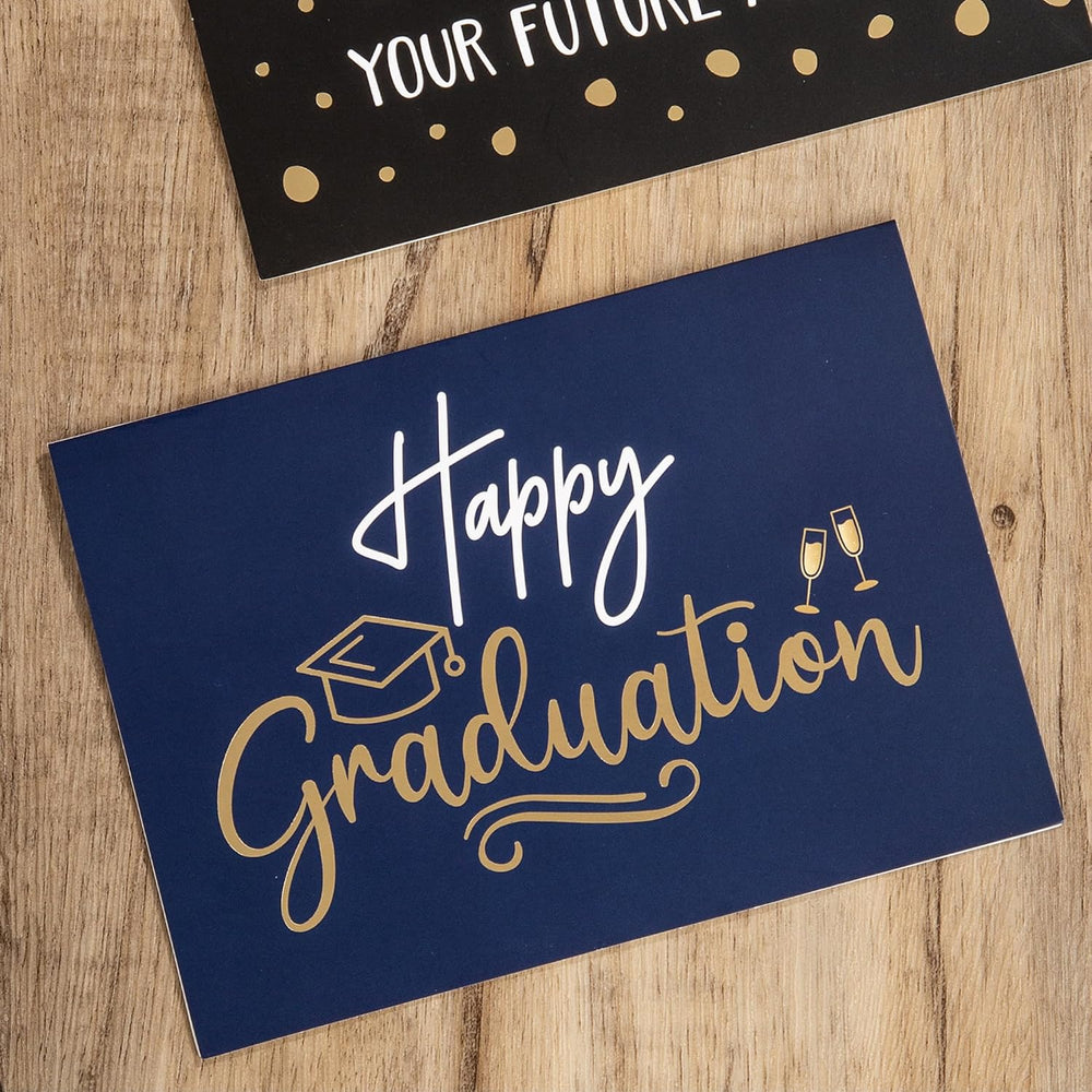 Paper Play Elegant Graduation Card with Pre-Printed Message – Navy Blue & Gold Foil Design – Inspirational Greeting Card for Graduates – Perfect for High School, College, University