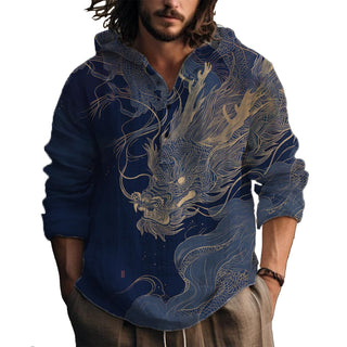 MARSVOVO Hooded Long Sleeve Shirt Men Fashion Graphic Button Up Lightweight Big and Tall Casual Vacation Shirts for Men