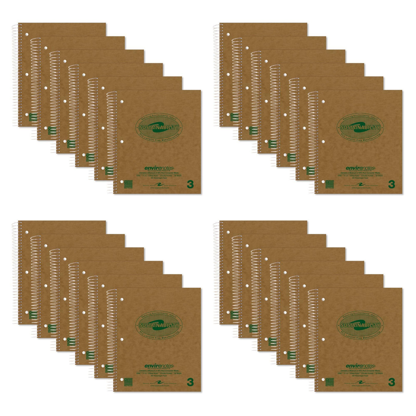 ROARING SPRING Environotes Recycled Spiral Notebook, College Ruled 1 Subject Notebook, 11" x 9", 80 Perforated Sheets, 20 lb Recycled Paper, Double Pocket, 3 Hole Punched, Made in USA