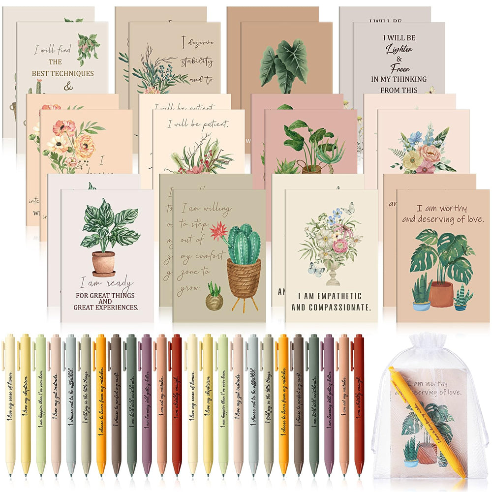Mooliwe 24 Pcs Positive Affirmation Gift Set Gratitude Notebooks with Pens Small Bags Motivational Encouragement Notepads Daily Affirmations Journal for Women Stress Relief Self Care (Watercolor)