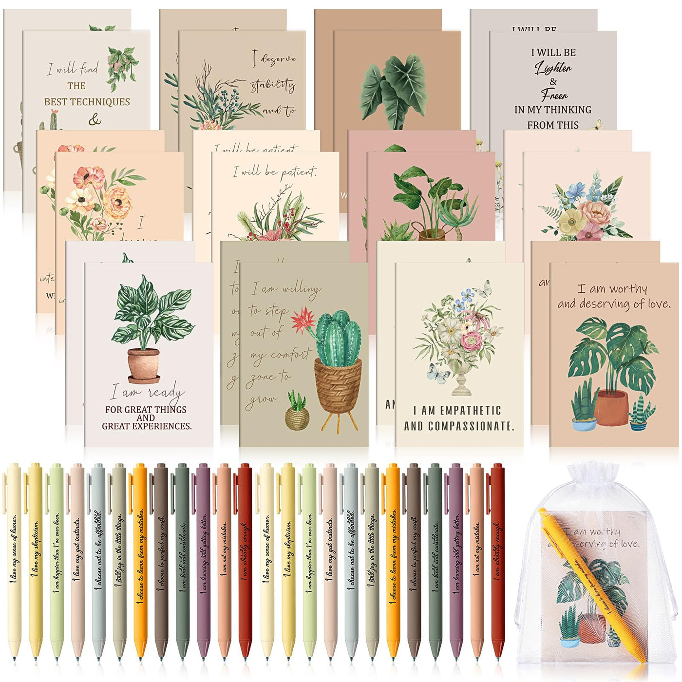 Mooliwe 24 Pcs Positive Affirmation Gift Set Gratitude Notebooks with Pens Small Bags Motivational Encouragement Notepads Daily Affirmations Journal for Women Stress Relief Self Care (Watercolor)