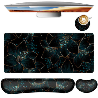 Keyboard Mouse Pad Set,Large Gaming Mouse Pad+Keyboard Wrist Rest+Wrist Rest+Coaster,Computer Desk pad Set Wrist Support for Office Desktop Laptop. (35.4" x 15.7") Extended Desk Mat (Floral)
