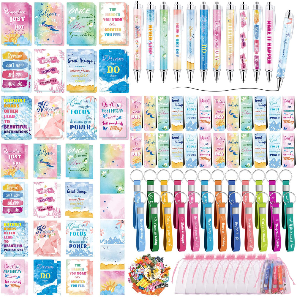 Pasimy 218 Pcs Inspirational Stationery Gifts Motivational Mini Notepad Pen Quote Bookmarks Stress Relief Stickers Inspiring Silicone Keychains for Home Office Appreciation Gift(Stylish)