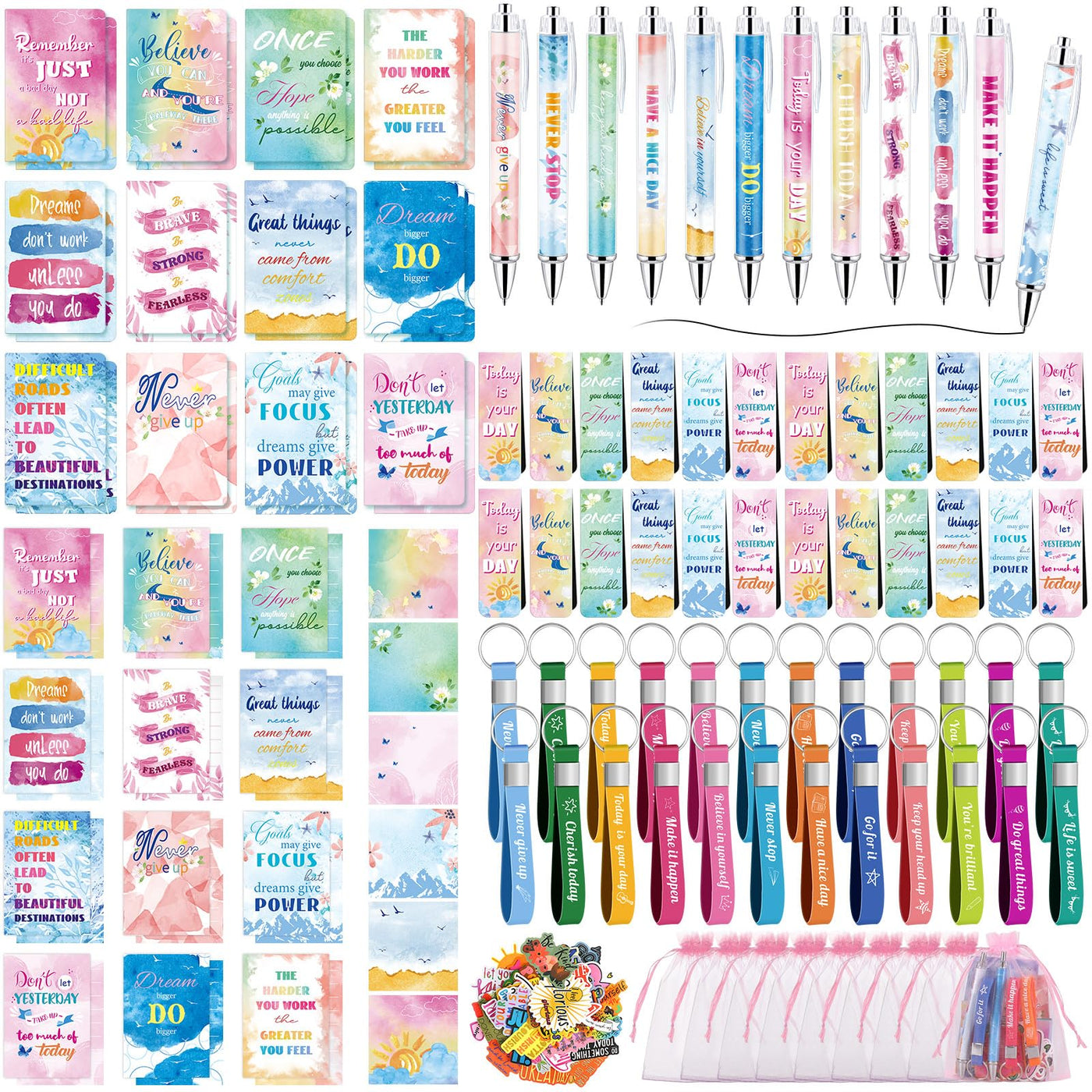 Pasimy 218 Pcs Inspirational Stationery Gifts Motivational Mini Notepad Pen Quote Bookmarks Stress Relief Stickers Inspiring Silicone Keychains for Home Office Appreciation Gift(Stylish)