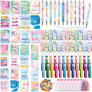 Pasimy 218 Pcs Inspirational Stationery Gifts Motivational Mini Notepad Pen Quote Bookmarks Stress Relief Stickers Inspiring Silicone Keychains for Home Office Appreciation Gift(Stylish)