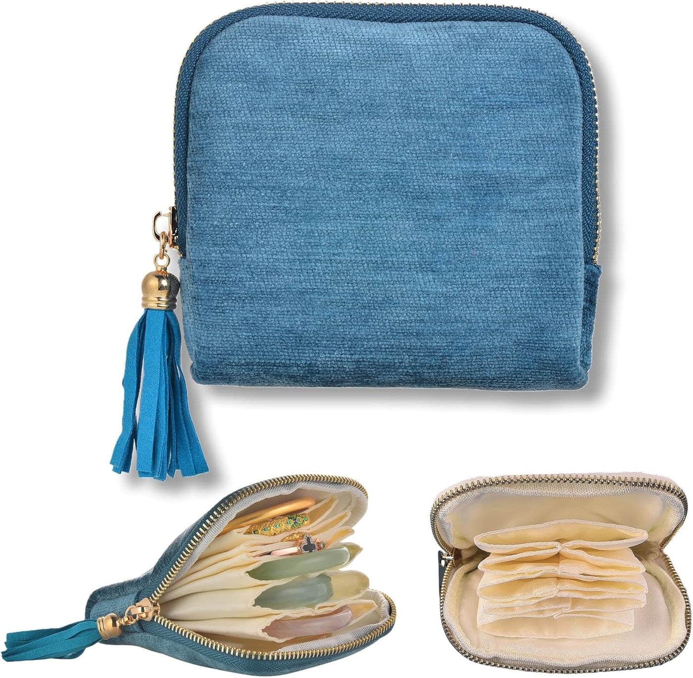 Small Travel Jewelry Case, Soft Velvet Organizer Pouch for Bangles, Bracelets, large Earrings, Beaded necklaces, Anti-Scratch & Portable Jewelry Bag Holder for Daily Use & Gift (Ocean Blue)