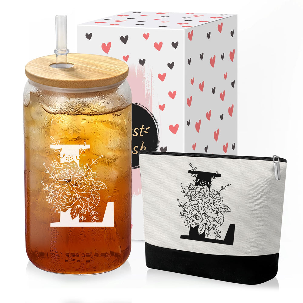 Custom Glass Cup & Makeup Bag Set - Personalized Gifts for Women, Initial 16 oz Glass Tumbler with Lid & Straw, Monogram Makeup Bag - Birthday Gifts For Women, Mother's Day Presents(S)