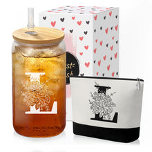 Custom Glass Cup & Makeup Bag Set - Personalized Gifts for Women, Initial 16 oz Glass Tumbler with Lid & Straw, Monogram Makeup Bag - Birthday Gifts For Women, Mother's Day Presents(S)