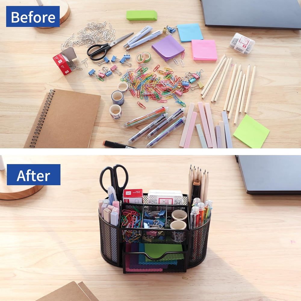 EOOUT Desk Organizer, Pencil Holder for Desk, Mesh Office Desk Accessories with 8 Compartments and 1 Drawer Stationery Holder School Supplies