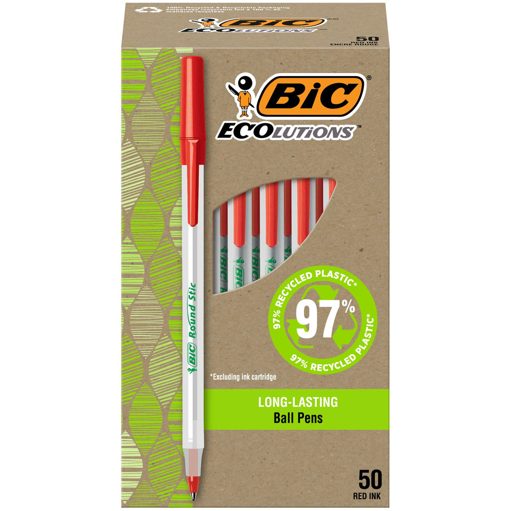 BIC Ecolutions Round Stic Ballpoint Pens, Medium Point (1.0mm), 50-Count Pack, Black Ink Pens Made from 97% Recycled Plastic