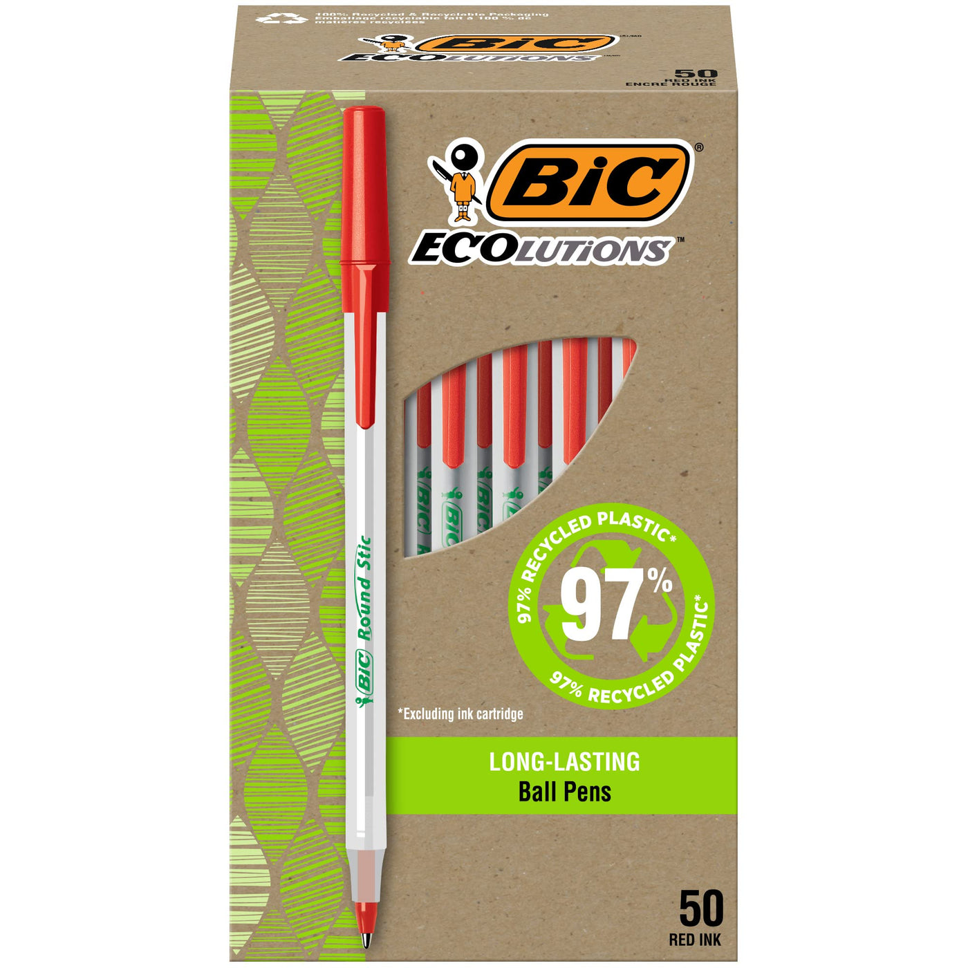 BIC Ecolutions Round Stic Ballpoint Pens, Medium Point (1.0mm), 50-Count Pack, Black Ink Pens Made from 97% Recycled Plastic