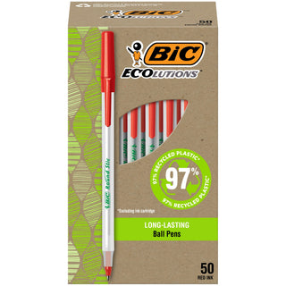 BIC Ecolutions Round Stic Ballpoint Pens, Medium Point (1.0mm), 50-Count Pack, Black Ink Pens Made from 97% Recycled Plastic