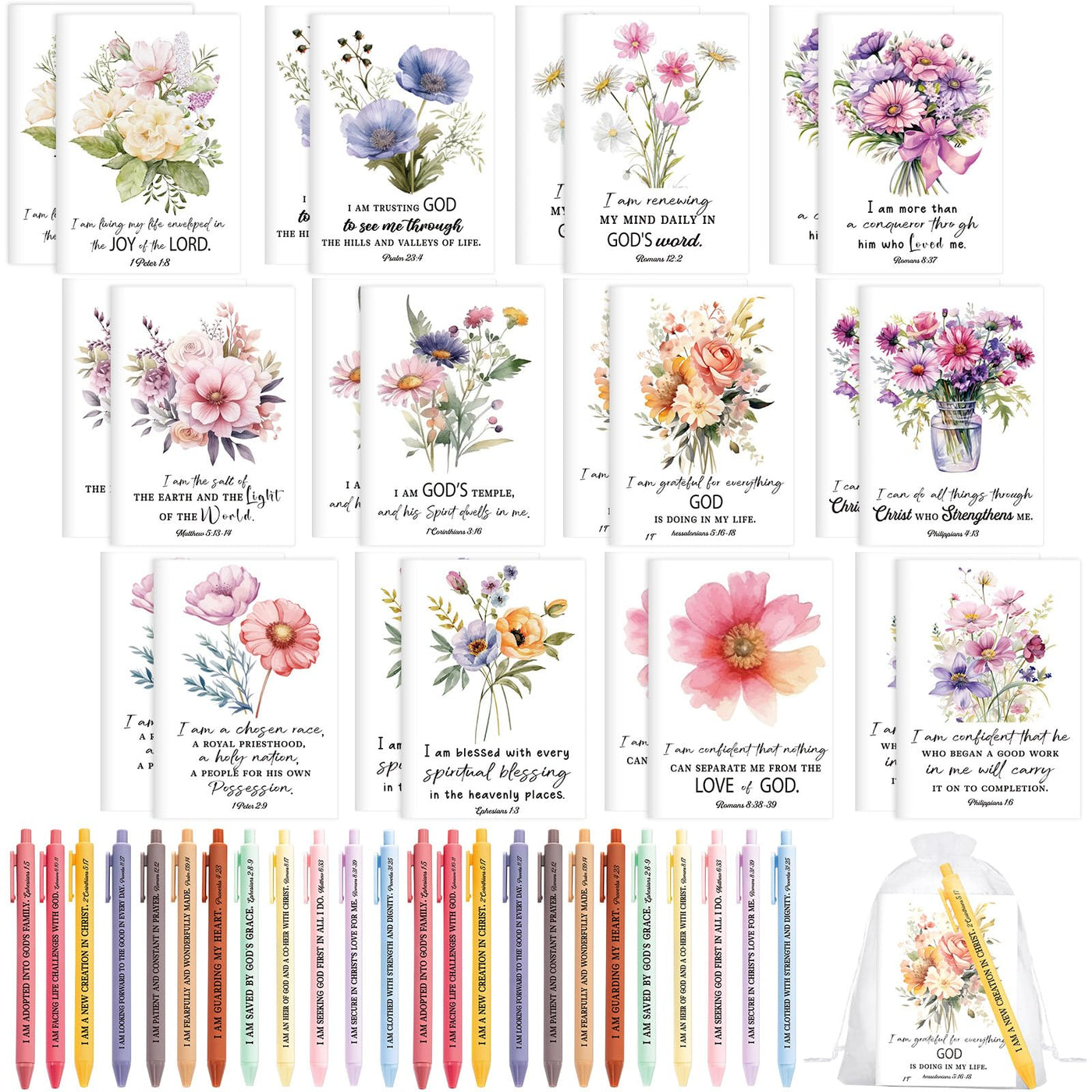 Mooliwe 24 Pcs Positive Affirmation Gift Set Gratitude Notebooks with Pens Small Bags Motivational Encouragement Notepads Daily Affirmations Journal for Women Stress Relief Self Care (Watercolor)