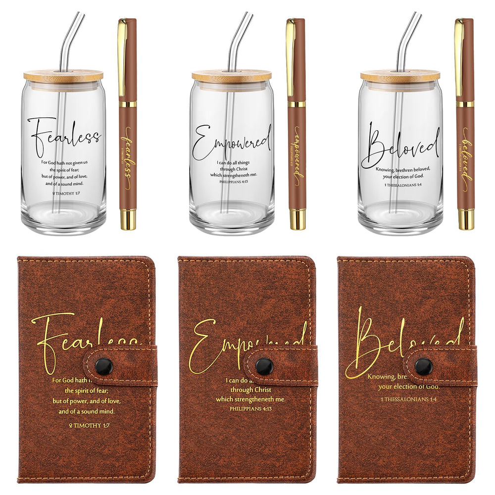 AmazingSpark 18 Pcs Fathers Day Christian Gift Bulk for Men Women 16 Oz Glass Cups with Lid Straw Bible Notebook Leather Prayer Journal with Pen Religious Gift for Church Member (Bible Words,Brown)