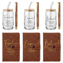 AmazingSpark 18 Pcs Fathers Day Christian Gift Bulk for Men Women 16 Oz Glass Cups with Lid Straw Bible Notebook Leather Prayer Journal with Pen Religious Gift for Church Member (Bible Words,Brown)