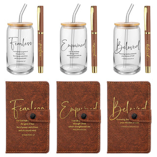 AmazingSpark 18 Pcs Fathers Day Christian Gift Bulk for Men Women 16 Oz Glass Cups with Lid Straw Bible Notebook Leather Prayer Journal with Pen Religious Gift for Church Member (Bible Words,Brown)