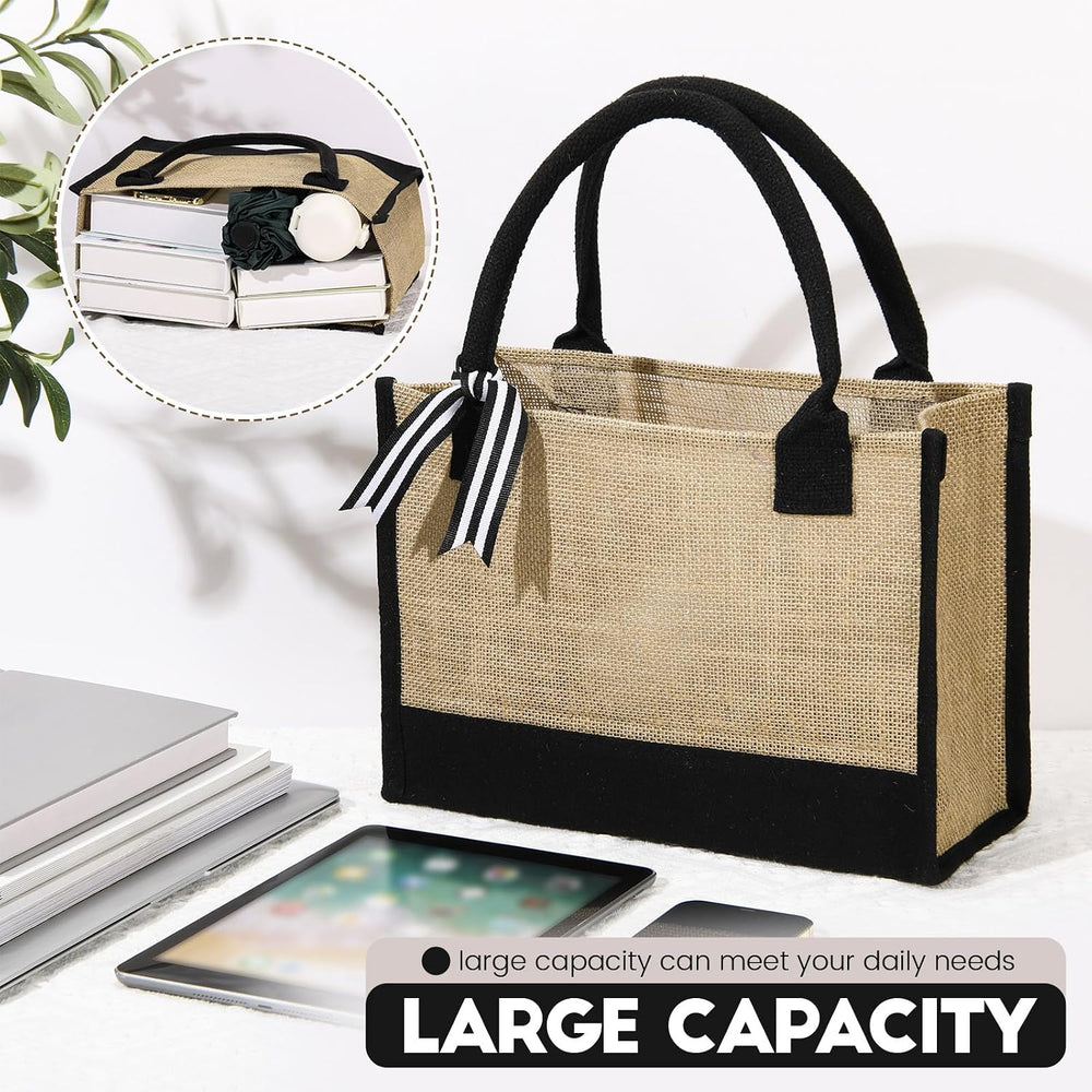 Sweetude 4 Set Jute Burlap Tote Bag with Canvas Makeup Pouch Reusable DIY Craft Blank Gift Bags for Wedding Bridesmaid(Simple,Black)