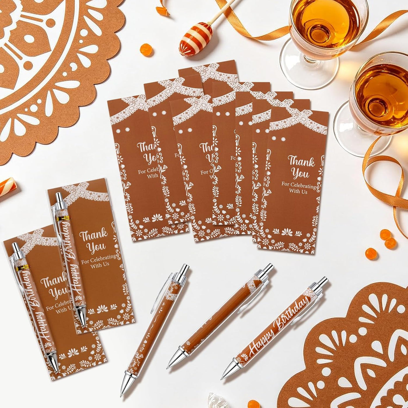 Serencatcher 30 Sets Mexican Talavera Terracotta Birthday Party Favor Pens, Guest Gift Ballpoint Pens with Thank You Cards, OPP Bags and Twist Ties, Fiesta Theme Birthday Party Supplies