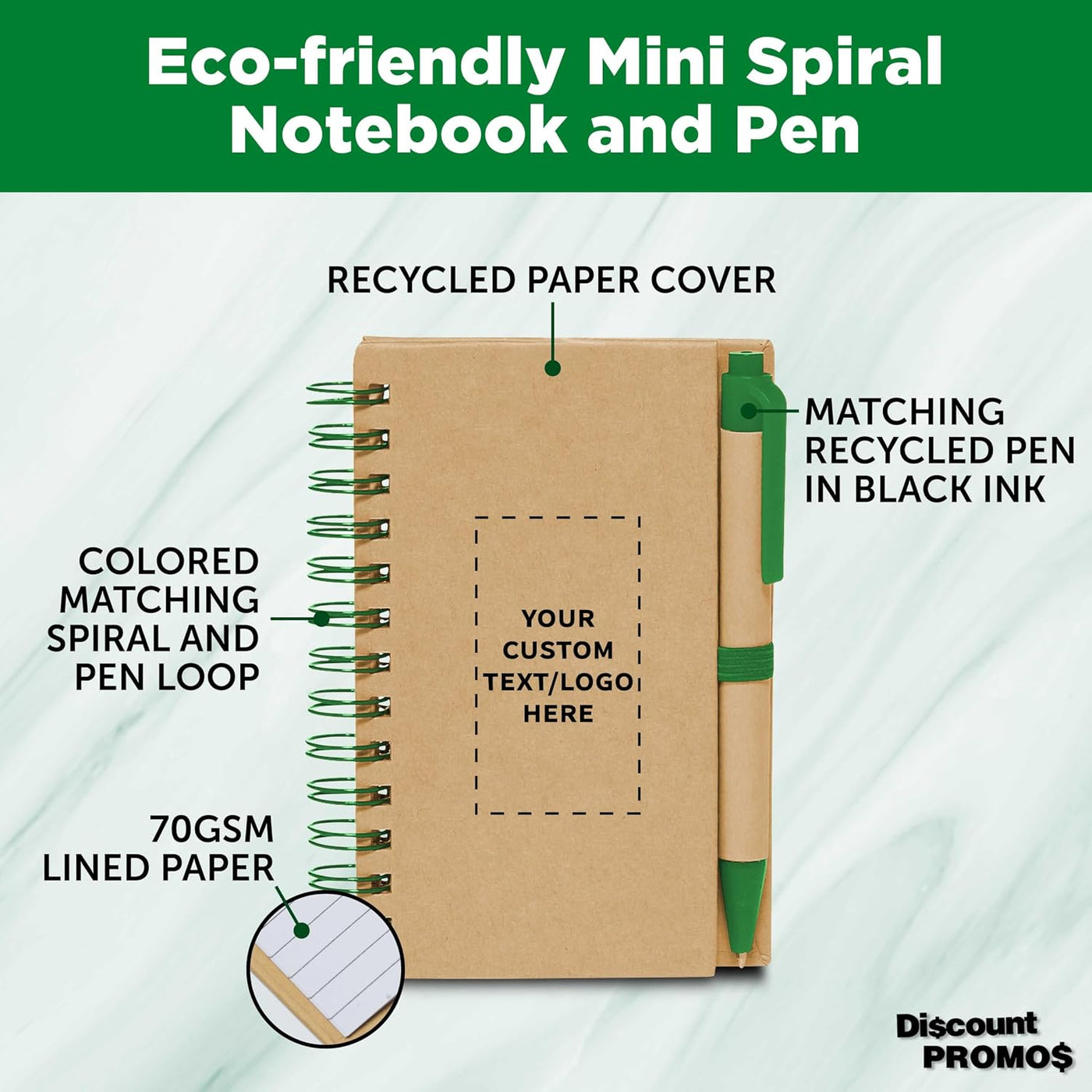 DISCOUNT PROMOS Custom Mini Spiral Notebooks with Black Ink Pens Set of 10/50/100, Personalized Bulk Pack - Perfect for School, Office, Business, Home - Green