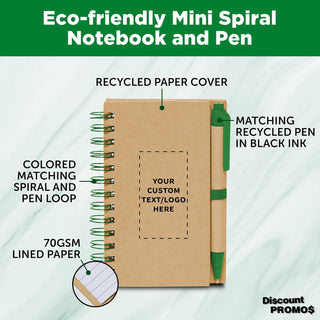 DISCOUNT PROMOS Custom Mini Spiral Notebooks with Black Ink Pens Set of 10/50/100, Personalized Bulk Pack - Perfect for School, Office, Business, Home - Green