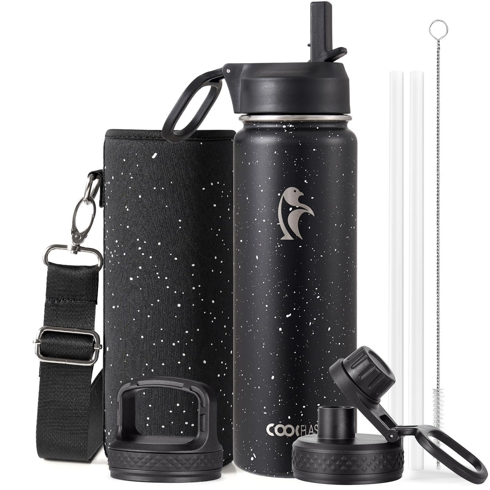 Water Bottle 40 oz Insulated with Straw&Brush, Coolflask Vaccum Stainless Steel Metal 3 Lids Water Flask for Sports, Gym or Office, Keep Cold 48H Hot 24H, Magic Black