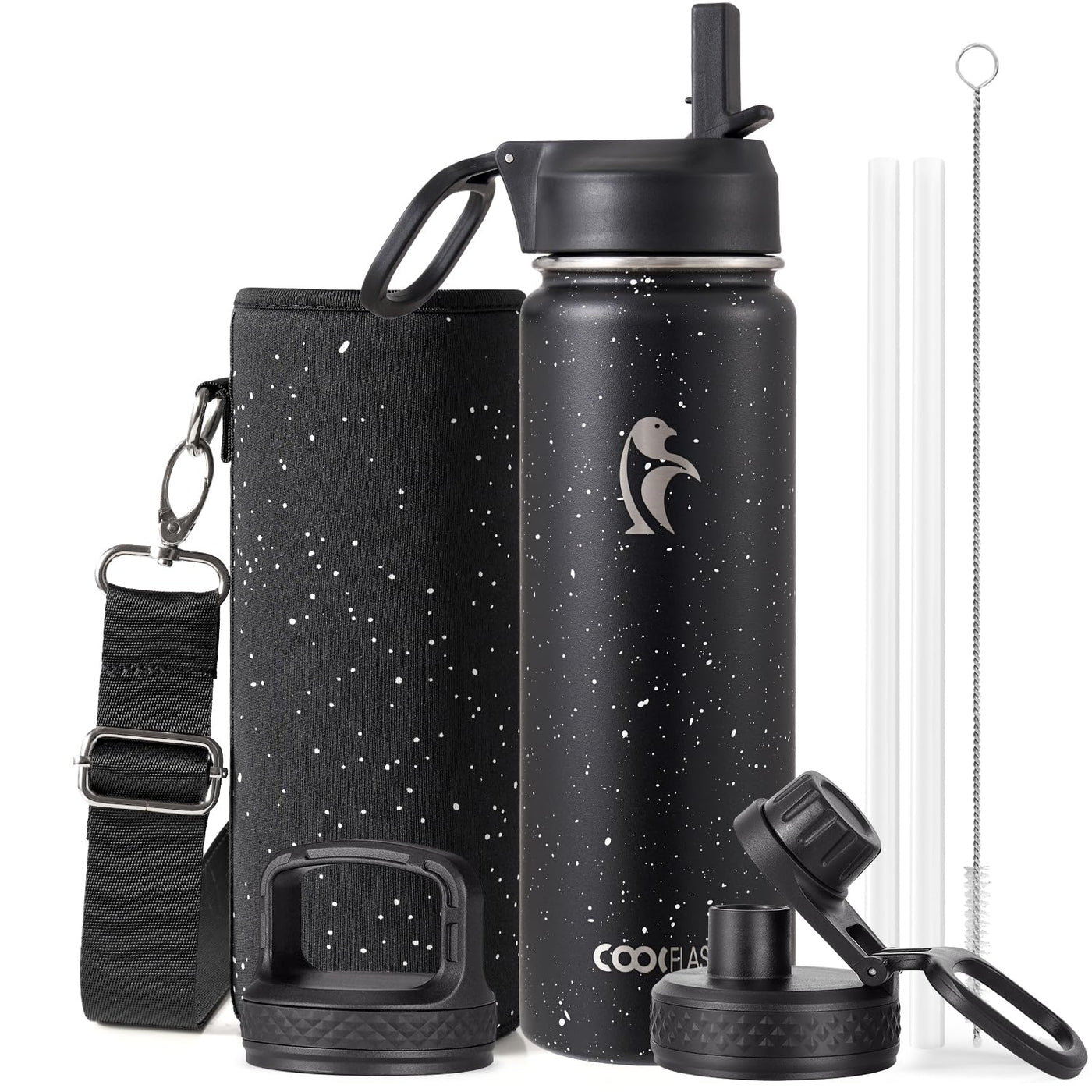 Water Bottle 40 oz Insulated with Straw&Brush, Coolflask Vaccum Stainless Steel Metal 3 Lids Water Flask for Sports, Gym or Office, Keep Cold 48H Hot 24H, Magic Black