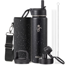 Water Bottle 40 oz Insulated with Straw&Brush, Coolflask Vaccum Stainless Steel Metal 3 Lids Water Flask for Sports, Gym or Office, Keep Cold 48H Hot 24H, Magic Black