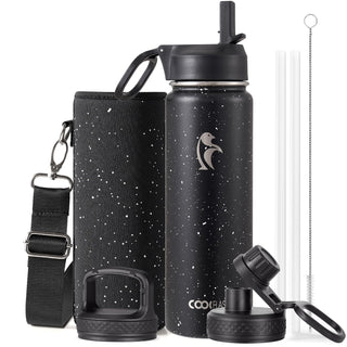 Water Bottle 40 oz Insulated with Straw&Brush, Coolflask Vaccum Stainless Steel Metal 3 Lids Water Flask for Sports, Gym or Office, Keep Cold 48H Hot 24H, Magic Black
