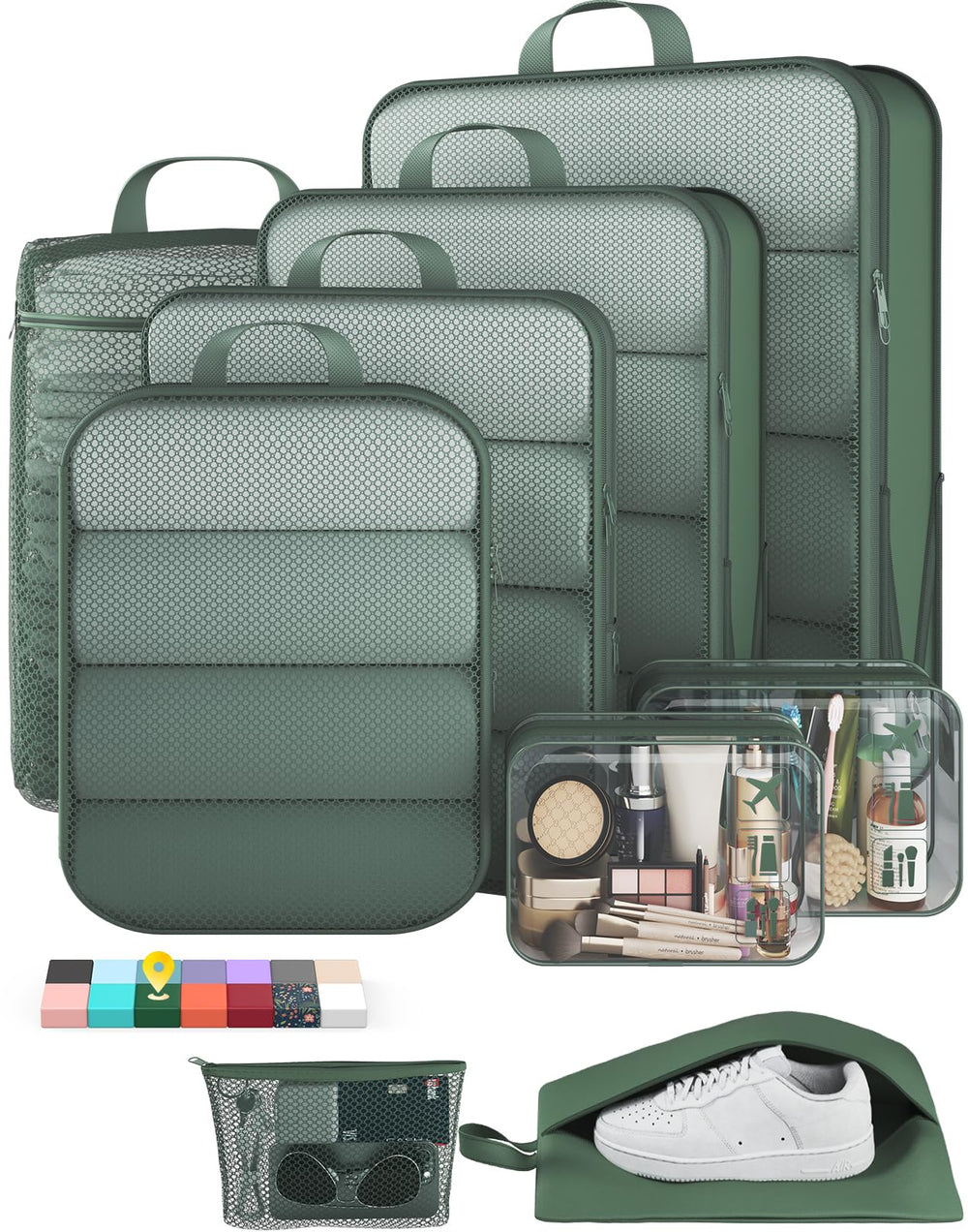 Veken 11-Pack Compression Packing Cubes for Travel Essentials,Compressible Expandable Large Luggage Suitcase Organizer Bags for Clothing,Durable Space Saver Bags with Toiletry Bags(Dark Green)