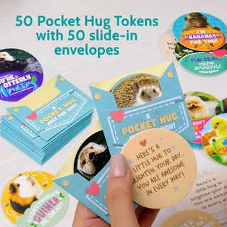 T MARIE 50 Pocket Hugs with Envelopes - 2.5” Mini Cards Tokens of Positivity and Appreciation - Positive Affirmation Gifts for Kids, Grandkids, Friends, Students, Teachers, Random Acts of Kindness
