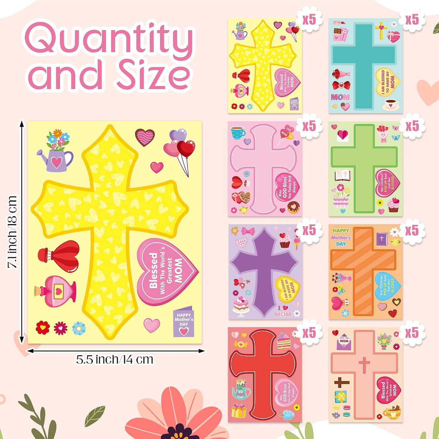 CY2SIDE Mothers Cross Stickers Sheet - 40PCS Make A Best Mom Cross Face Sticker with Heart Flower for Kid, DIY Religious Gift Craft Sticker Game Party Favor for Christian Sunday School Home Project