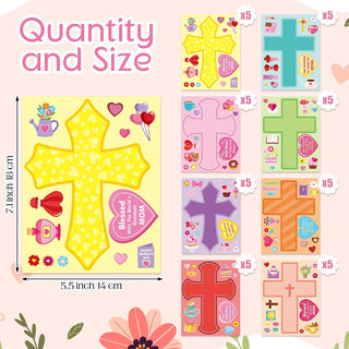 CY2SIDE Mothers Cross Stickers Sheet - 40PCS Make A Best Mom Cross Face Sticker with Heart Flower for Kid, DIY Religious Gift Craft Sticker Game Party Favor for Christian Sunday School Home Project
